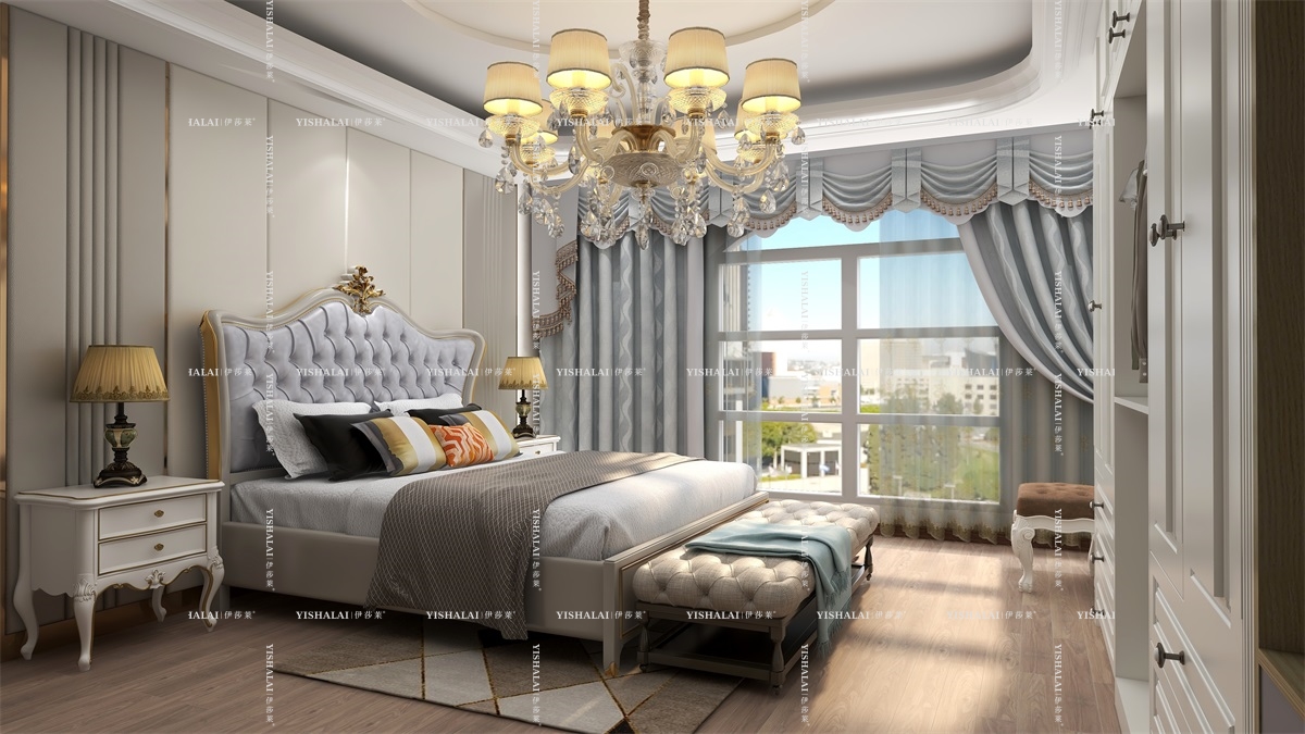 黄瓜成视频人APP-法式银色卧室窗帘效果图